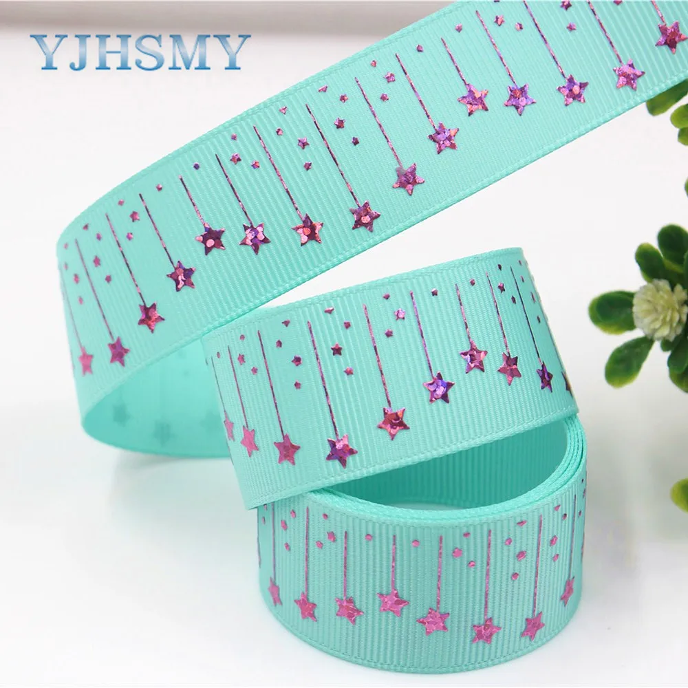 YJHSMY G-18609-399 25 мм 5 ярдов Лазерная Серебряная Звезда Любовь Печать grosgrain лента DIY