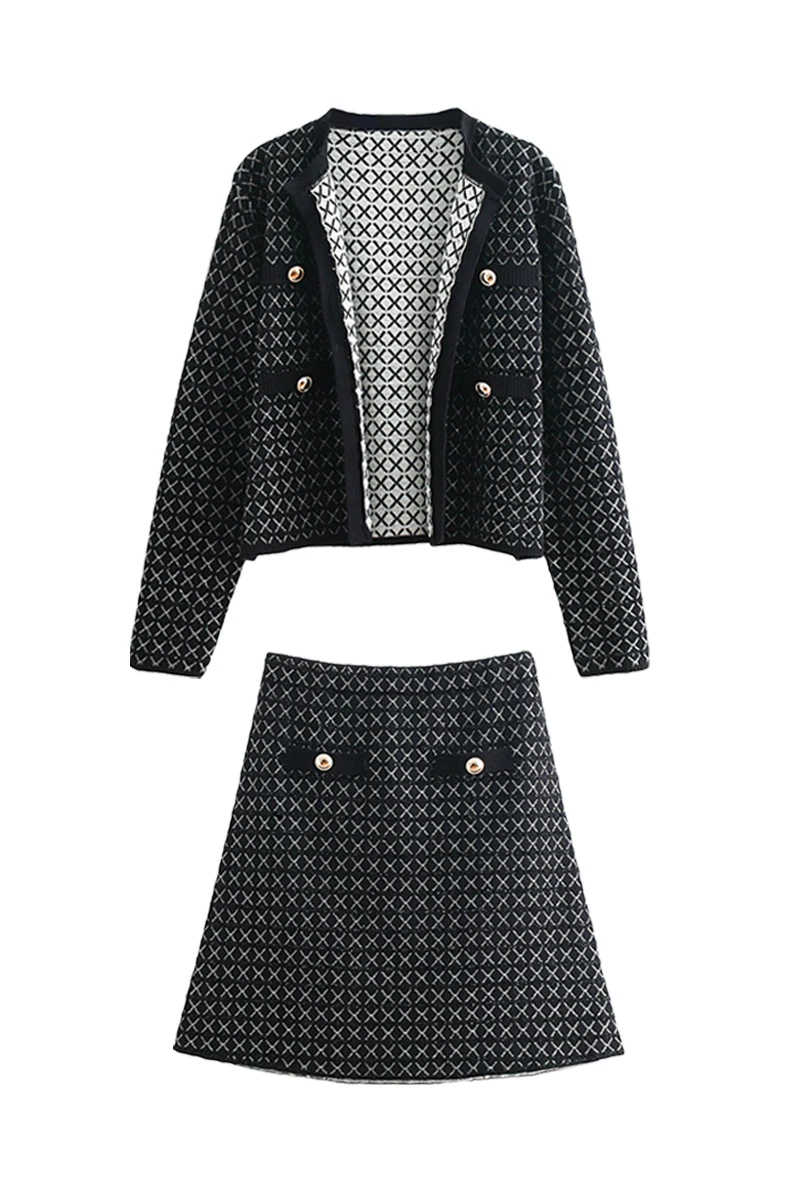 Fashion jacquard cardigan jacket half skirt suit women Joker diamond pattern button + short set | Женская одежда