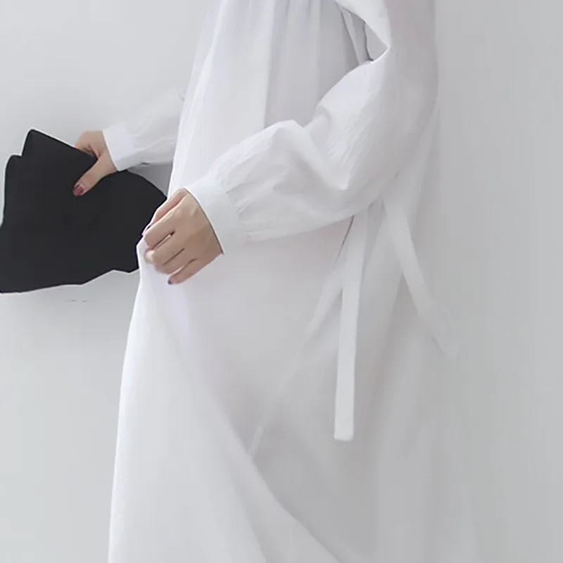 [EAM] New Autumn Winter Stand Collar Long Sleeve White Ruffles Stitch pleated Loose Long Shirt Dress Women Fashion JK988