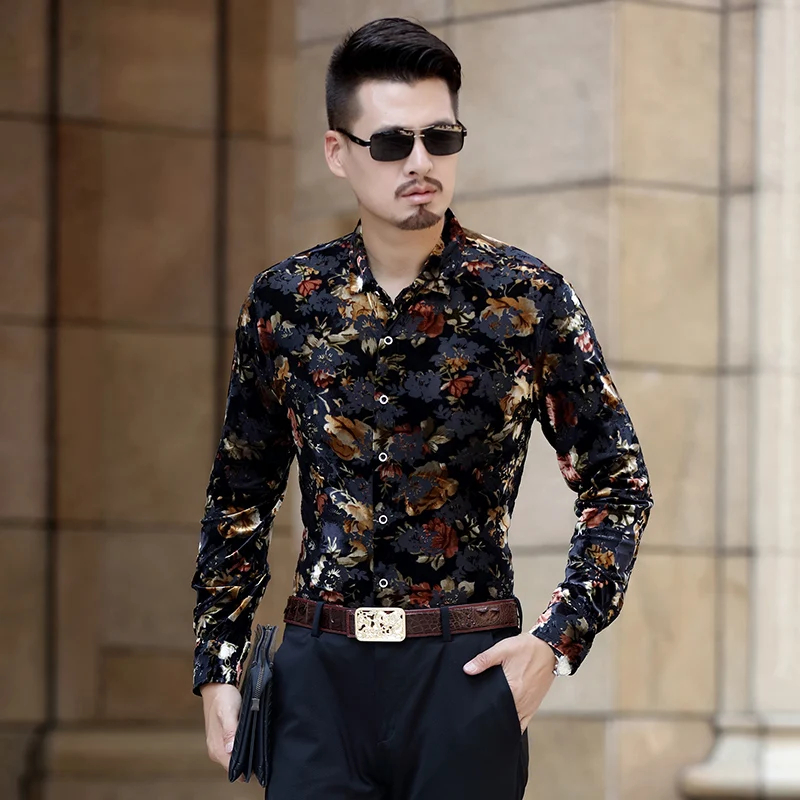 Рубашки для мужчин с длинным рукавом шелковое Золотое бархатное платье рубашка