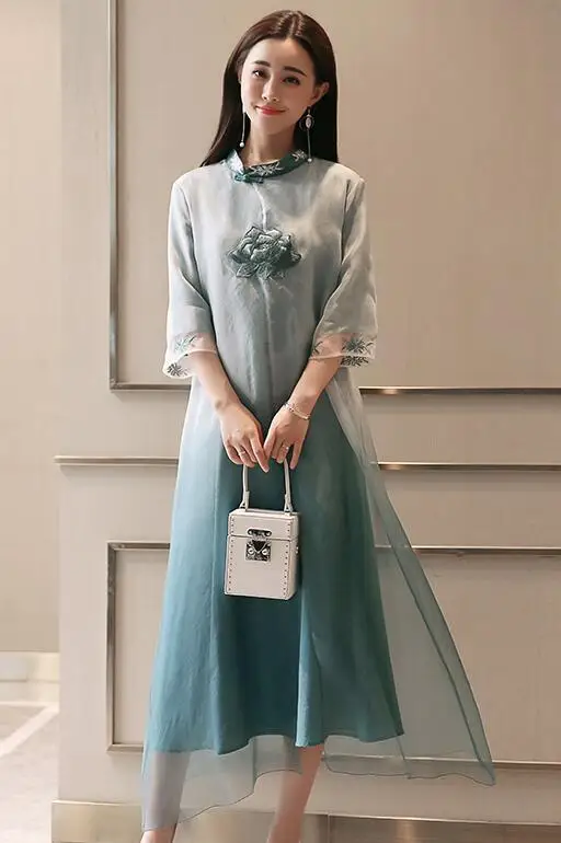 picture color Китайское платье чонсам, халат, вьетнамский стиль, платье, китайское элегантное платье с вышивкой в виде лотоса, Ципао, длинное современное платье чонсам - Цвет: picture color