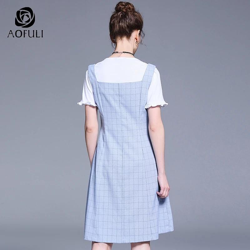 AOFULI L ~ 4XL 5XL женский клетчатый сарафан с принтом милые летние платья в клетку