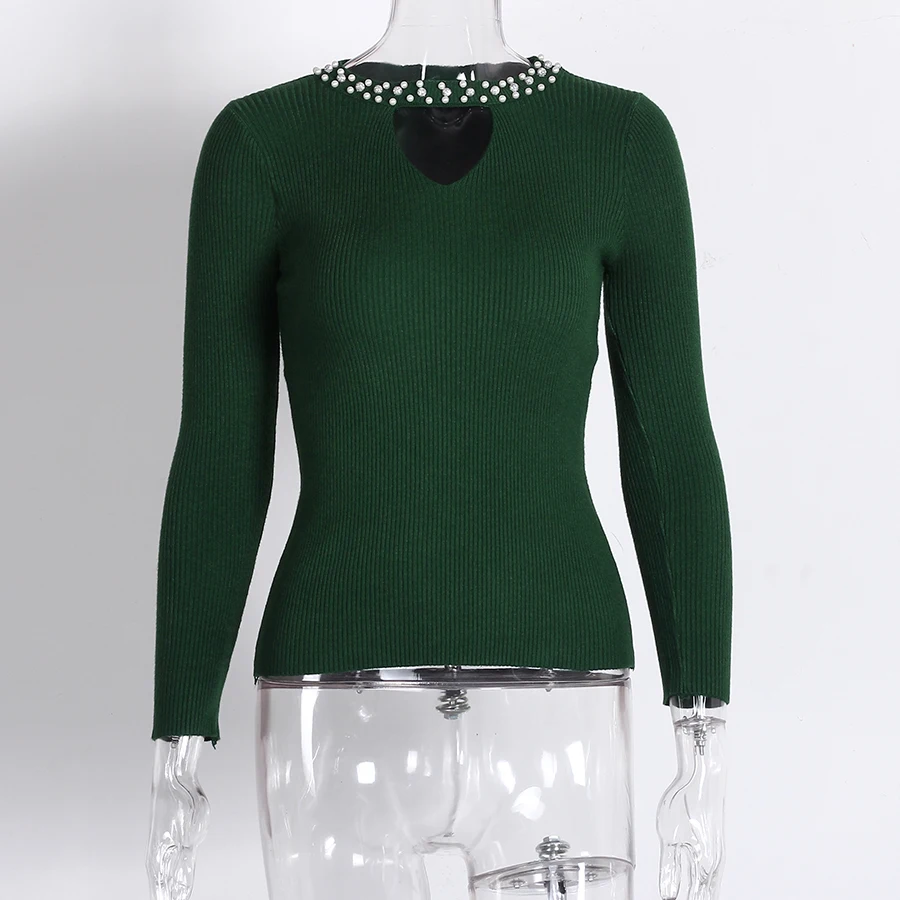 Pearl Sweaters Fashion 2018 Women Hollow Out Long Sleeve Knitted Sweater Pullover Jumper Beading Basic Top Autumn | Женская одежда