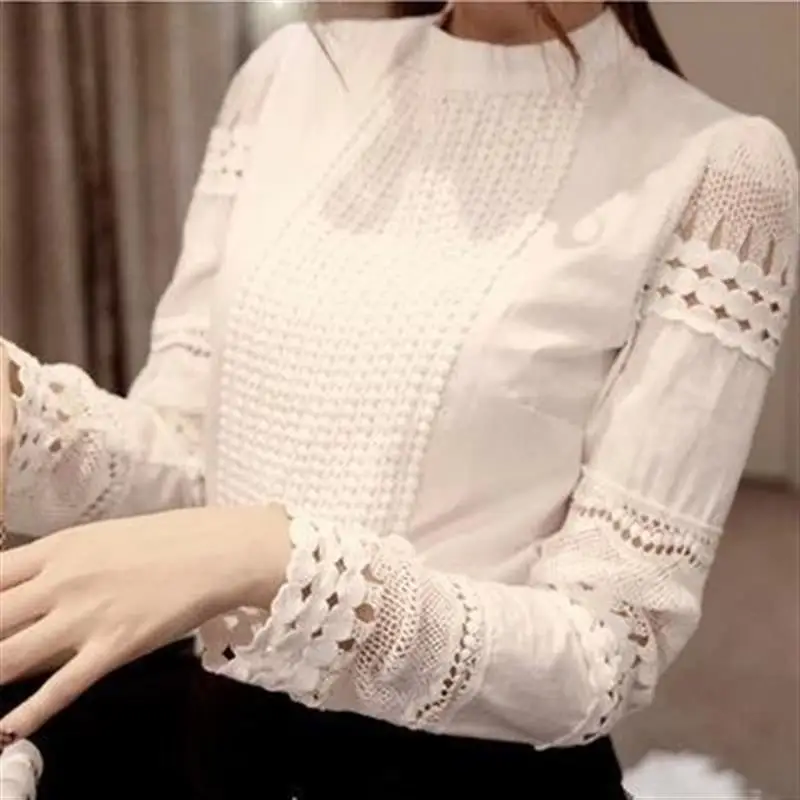 

Women Solid White Chiffon Blouse Spring Autumn Elegant Casual Shirt Office Hollow Out Lace Work Blusas Femininas Top QAF176C