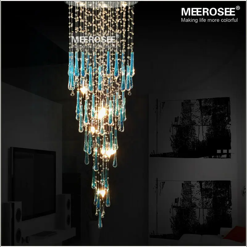 Ярко синяя хрустальная люстра длинная лампа с креплением Большая для лестницы