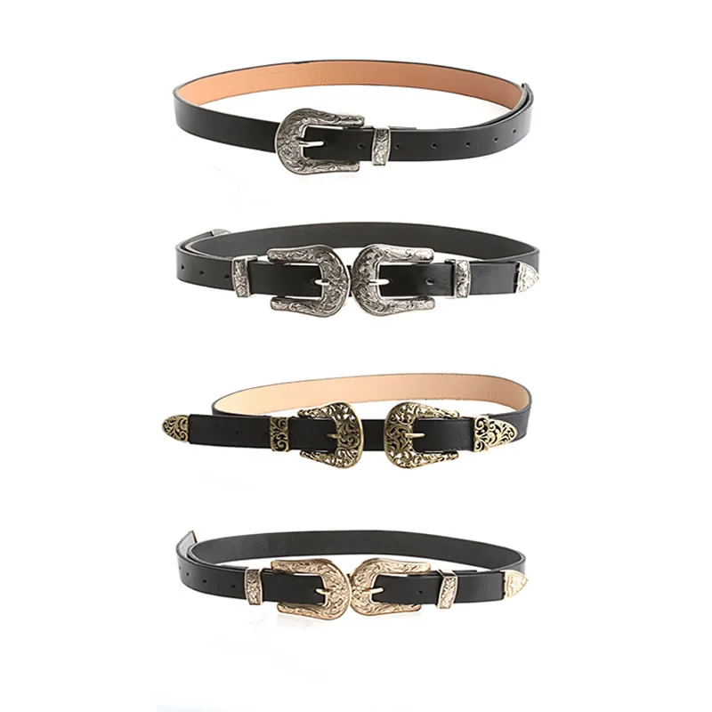 Женский ремень с двойной пряжкой винтажный регулируемый металлический пояс в