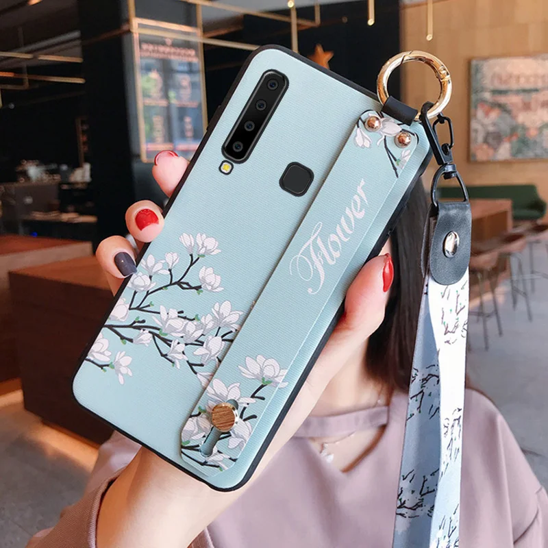 ALIVO For Samsung Galaxy A9s case Cartoon relief flowers Silicone full protection Fitted Case+Wrist lanyard for galaxy A8s Cover |