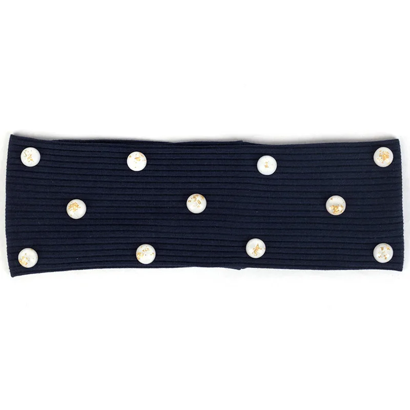 Navy White Модные женские повседневные ребристые эластичные повязки на голову Золотые Фольга аксессуары из стразов полосатые плоские повязки для волос для женщин тюрбан из хлопка - Цвет: Navy White