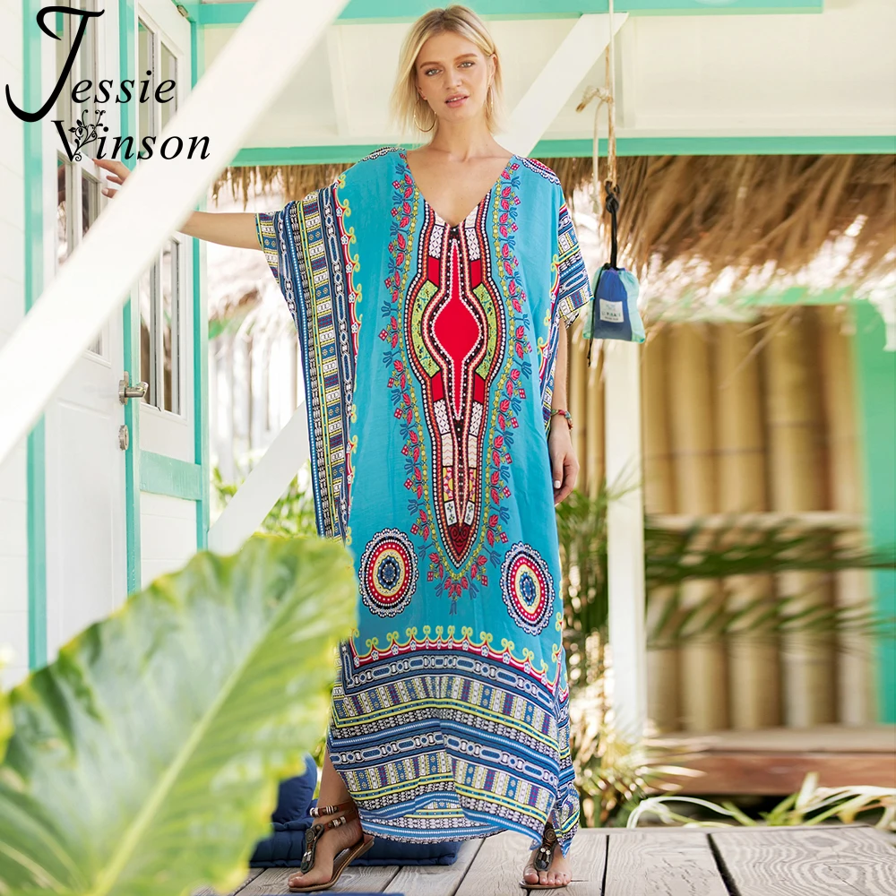 

Женское платье макси Jessie Vinson, длинное платье оверсайз с национальным принтом, коротким рукавом и разрезом, традиционное Африканское платье ...