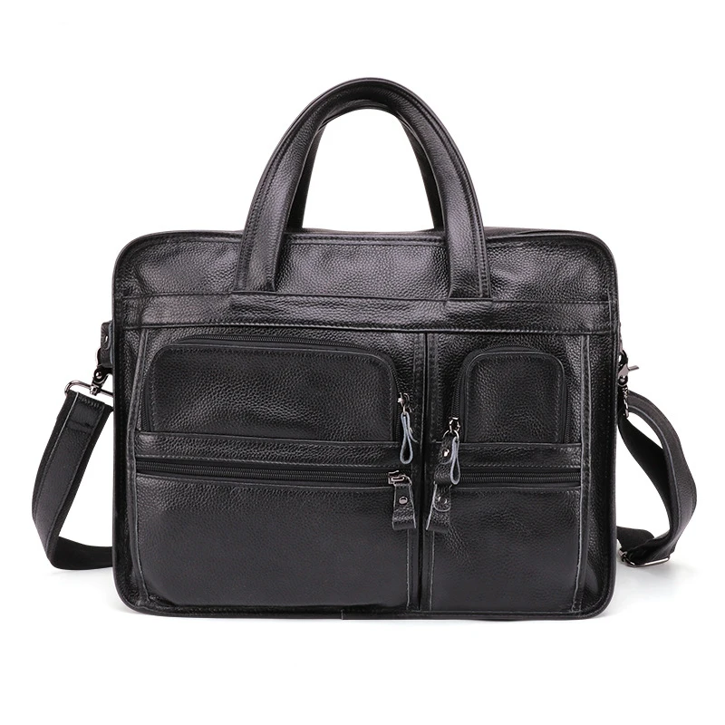 

Messenger Split Genuine Leather Handbag Zipper Business Two Silt Pocket Soft Handle 14 Inches Laptop Briefcase Large Travel Bag