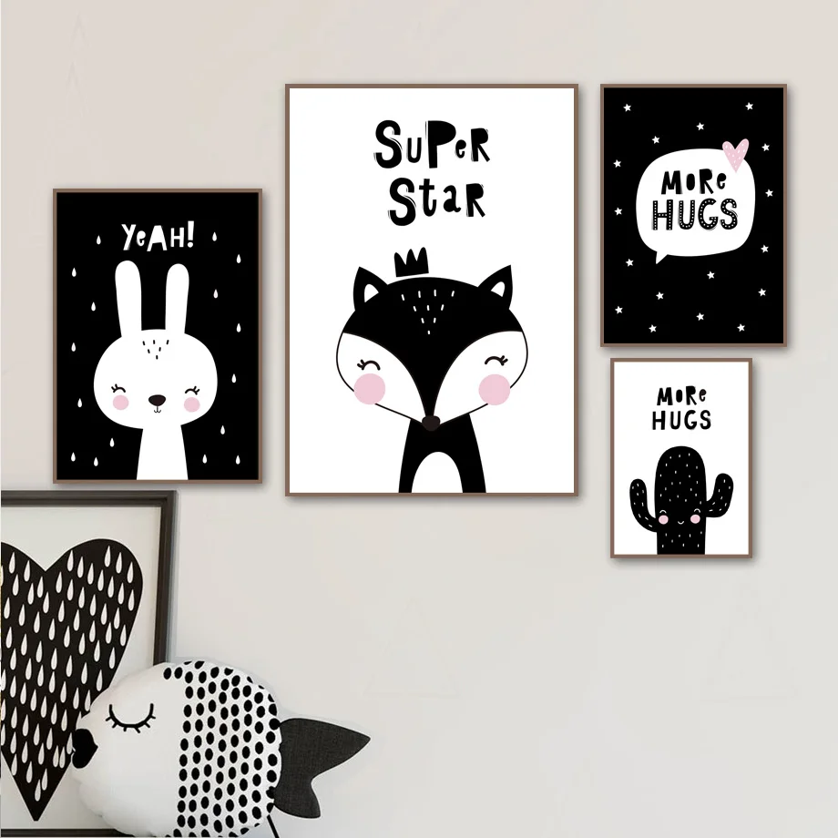 Настенная картина черная белая мультяшная лиса Лев Кролик кактус настенная