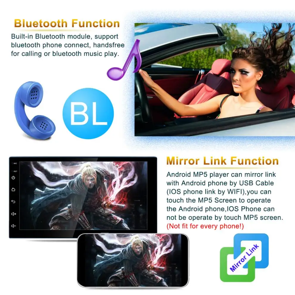 7 Inch Bluetooth 2 DIN QUAD-Core Android 8.1 Car Mp5 Player GPS Navigation AM/FM Radio Support Mirror Link/Phonelink/Wifi | Автомобили и