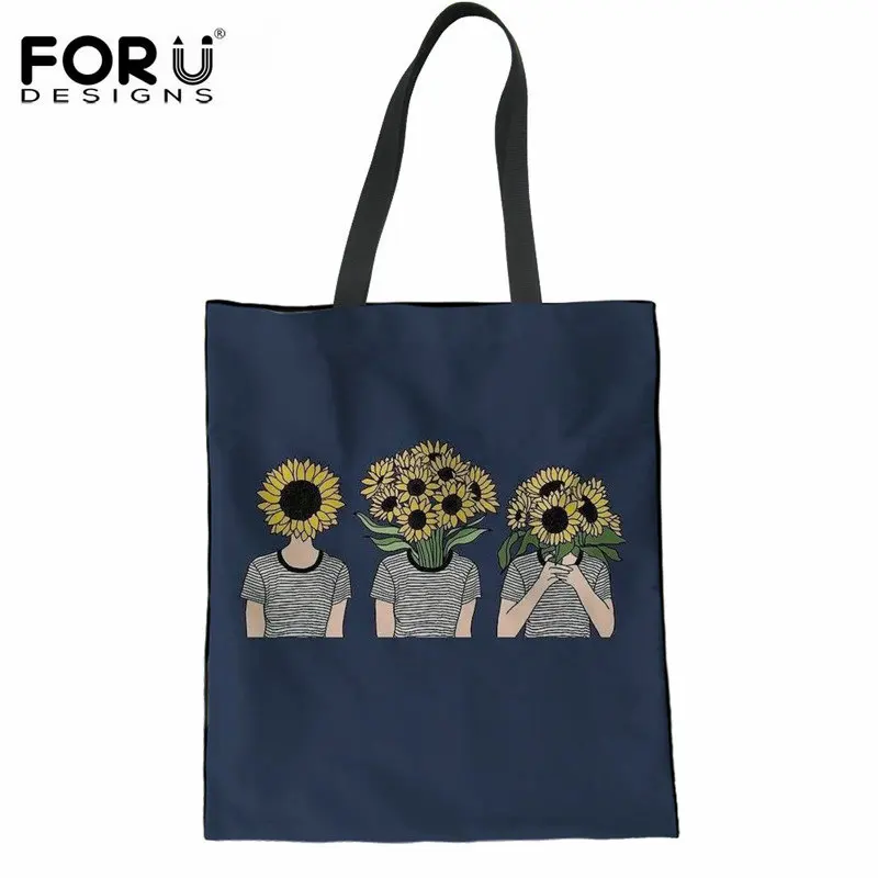 

FORUDESIGNS Funny Sunflower Pattern Women Linen Tote Bag Casual Cloth Shopping Bag Girls Ladies Eco-friendly Travel Beach Bags