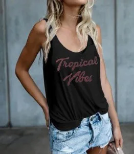 Женская свободная футболка без рукавов Повседневная хлопковая майка с буквенным