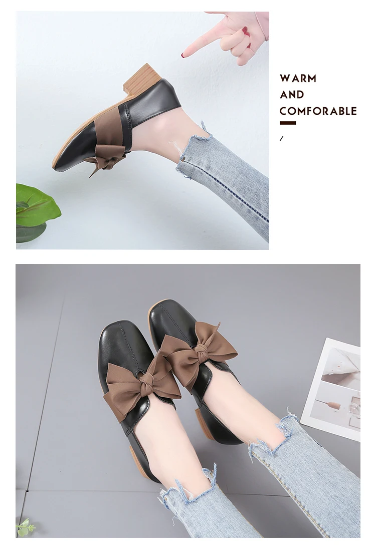 Bow Knot Casual Shoes for Women Flats Leather Oxfords Women Shoes Woman Fashion Square Heels Slip on Ladies Shoes Espadrilles