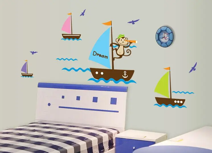 1Set Fashion Ocean Sail Boat Ship Monkey Wall Stickers Art Kids Room Decor Murals Decals PVC Vinyl Wallpaper AY7043 | Дом и сад