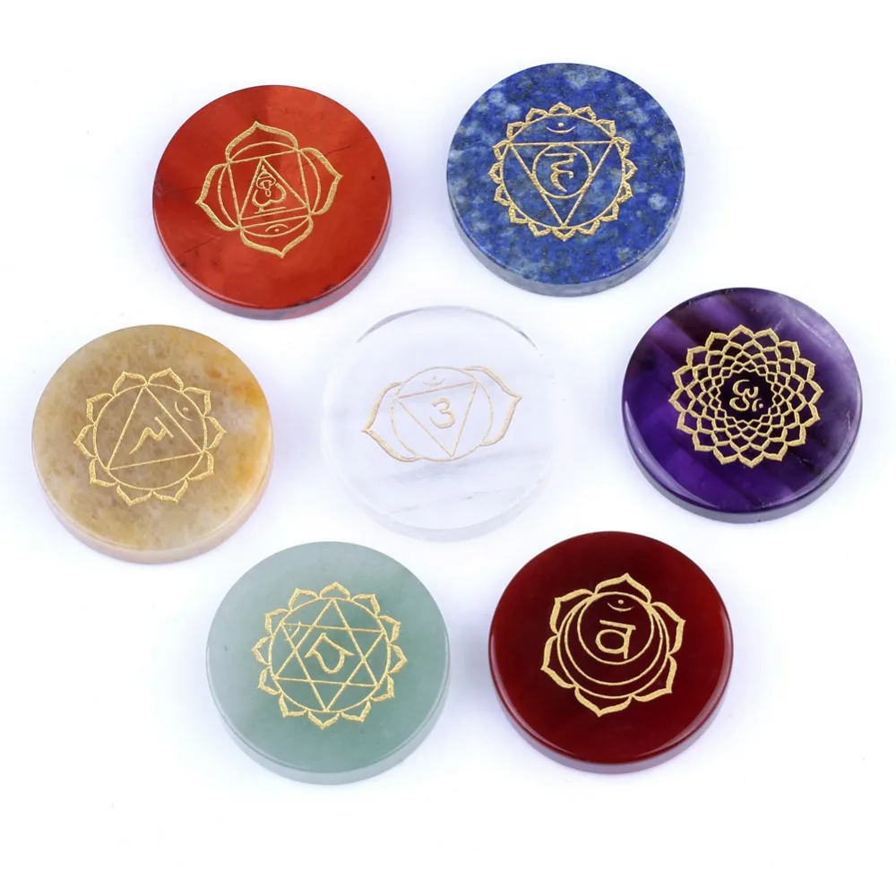 Yaye Chakra Stones-Healing Crystal с Выгравированная чакра набор символов на розовом кварце из 7 холистических балансирующих полированных пальмовых камней