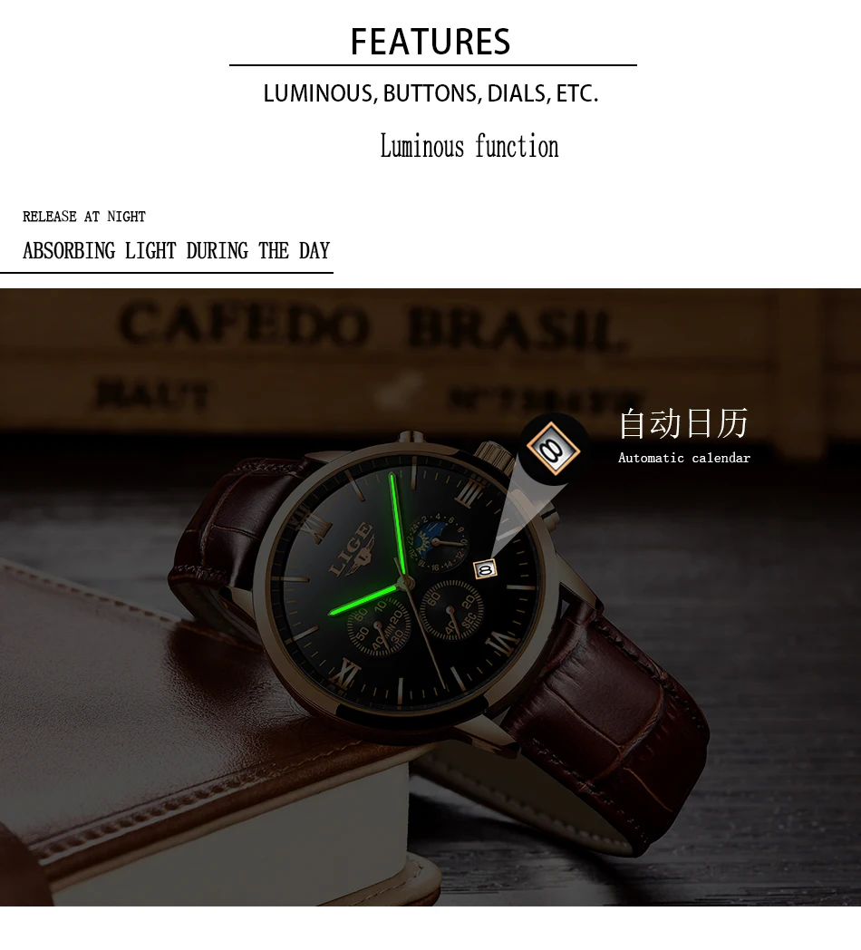 Reloj de hombre LIGE Men's Watches Men Business Fashion Leather Watch Moon phase Date Luminous Multi-function Sport Quartz Clock