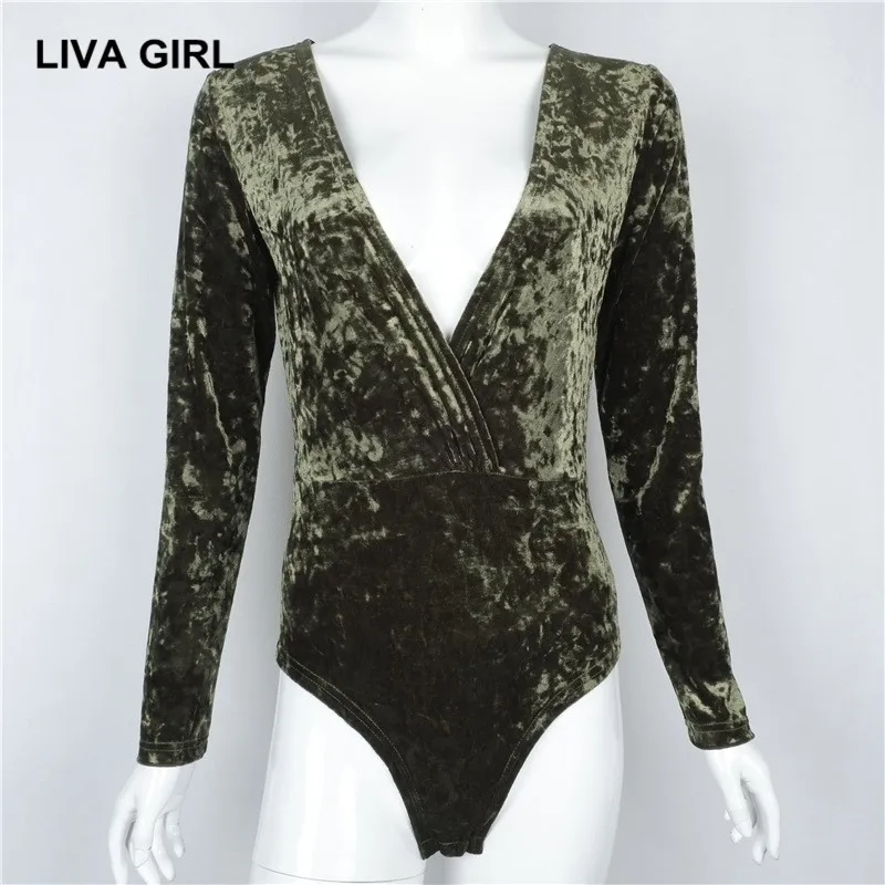 ЛИВА ДЕВУШКА Женщины комбинезон v-ворота Бархат Sexy боди 2017 Длинные рукава
