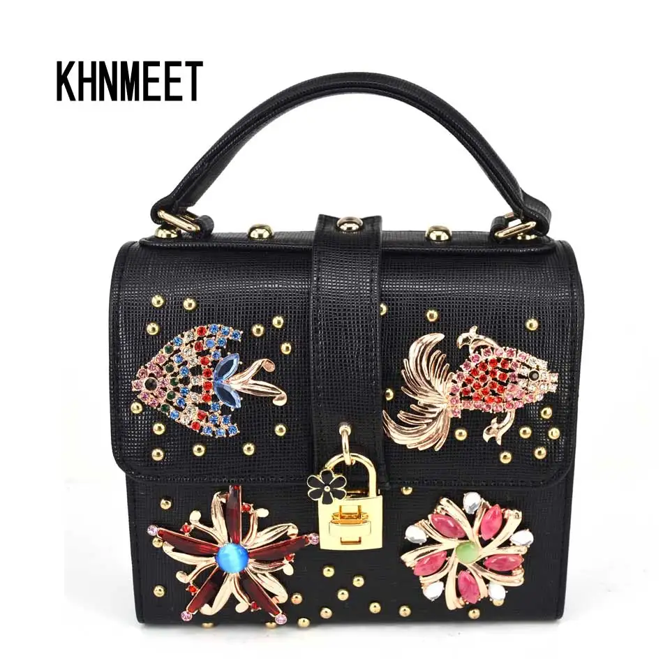 Модные черные сумки с ремешком в виде цветов и животных кристаллами Женская мини