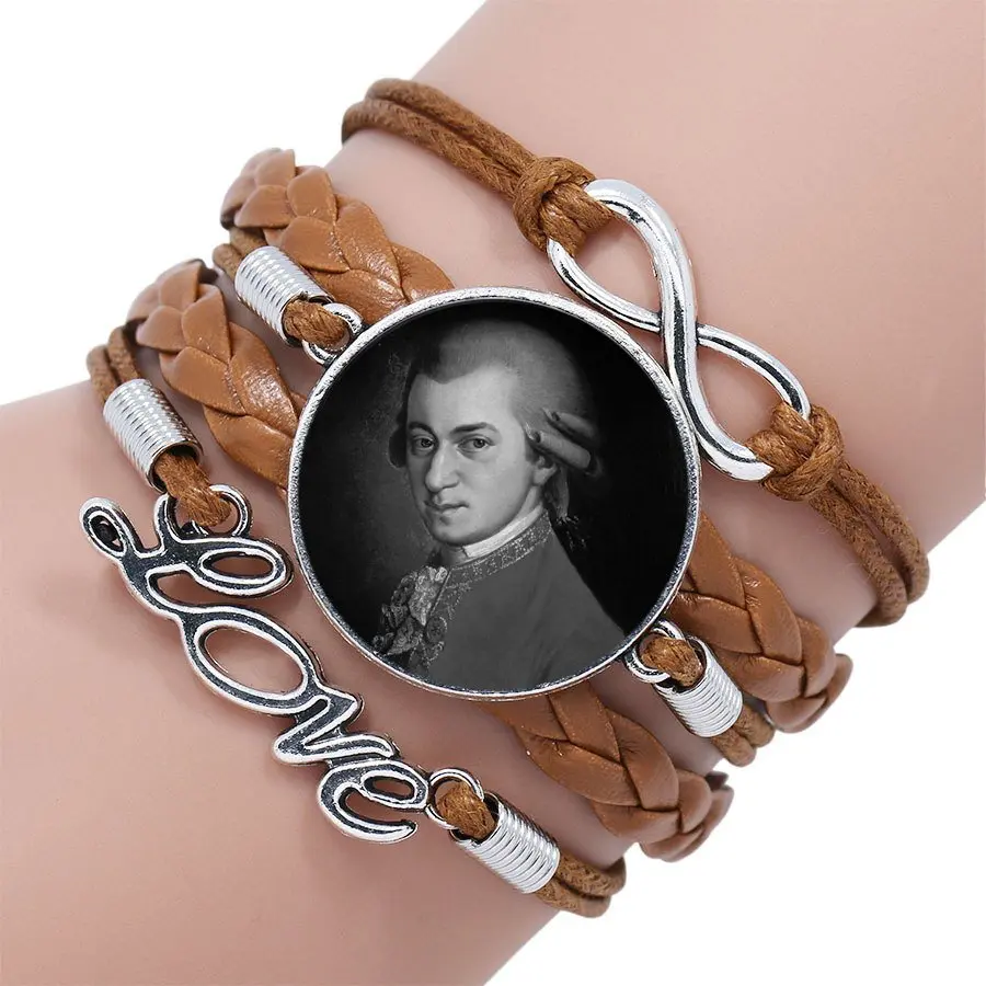 as picture Вольфганг Mozart Композитор для школьниц Макси Панк ювелирные изделия со стеклом кабошон Многослойный черный/коричневый кожаный браслет - Окраска металла: as picture