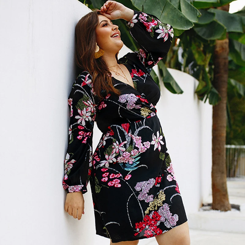 WHZHM цветочные длинным рукавом Высокая талия свободно плюс Размеры 3XL 4XL платье Для