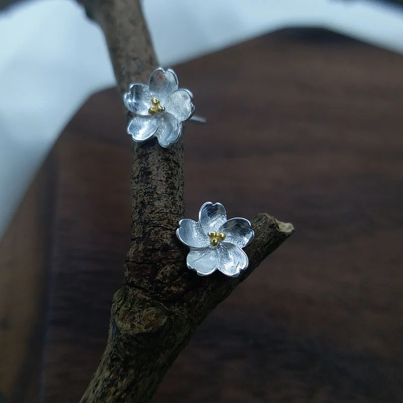 

Fashion Cherry blossoms 100% pure 925 sterling silver earrings Cute flower stud earrings for women girls female jewelry gifts