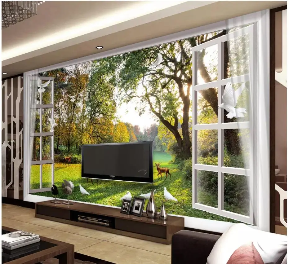Custom photo wallpaper for walls 3 d murals Window outside the forest small river deer dove TV background wall | Обустройство дома