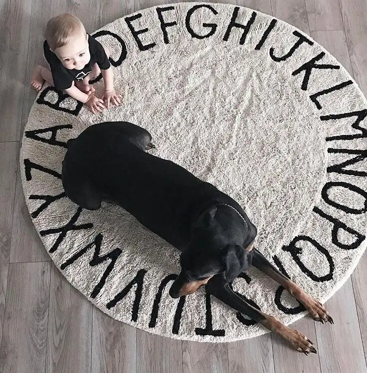 

120cm Soft White Pink Kids Room Dec Plush Play Mat Anti-slip Thick Big Round Letter Alphabet Floor Carpets Circle Mat Baby Rug