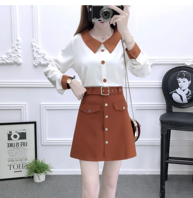 Женская одежда, корейская мода, vestido, шифоновая рубашка и юбка с высокой талией, с поясом, комплект одежды из двух предметов, женская элегантная одежда