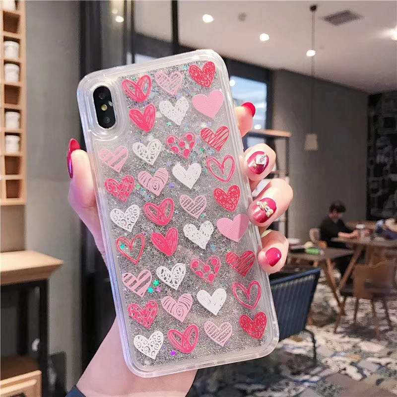 Блестящий чехол Love Heart для iphone 6 7 8 Plus X XR XS MAX звездный узор зыбучий песок plus XSMax