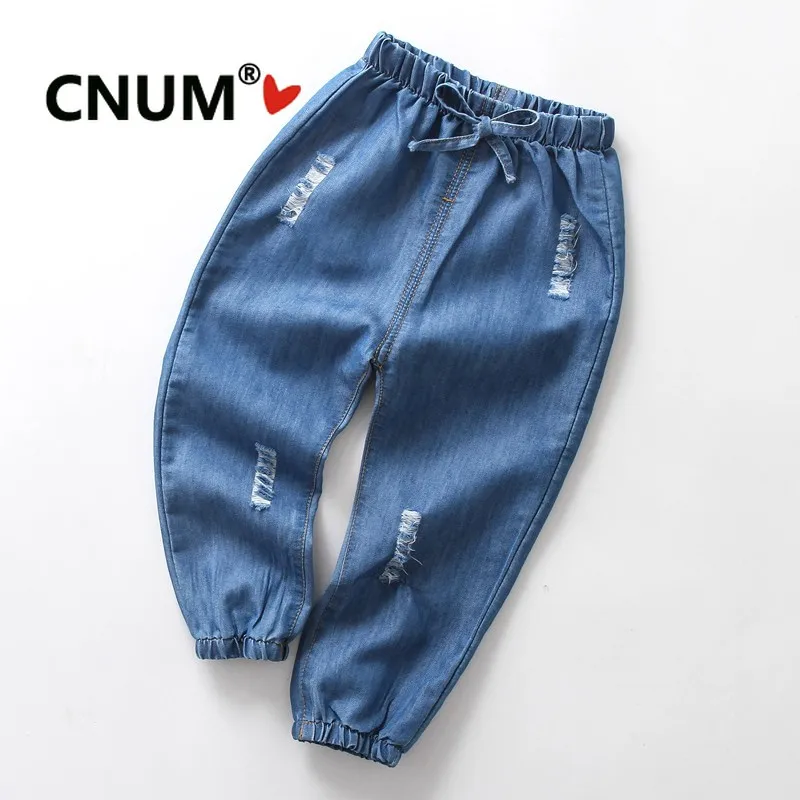 dark ripped CNUM/детские штаны для мальчиков летние хлопковые джинсовые рваные джинсы для девочек тонкие длинные брюки детская одежда детские штаны - Цвет: dark ripped