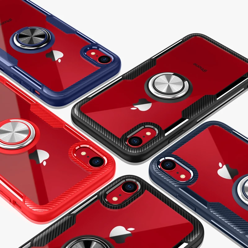 Для iPhone XR чехол Роскошный прозрачный PC + Углеволокно полная защита кольцо