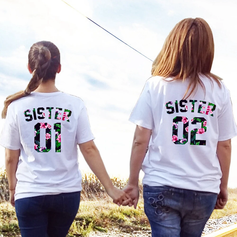 Sister 01 02 футболка с цветочным принтом и буквенным Футболки коротким рукавом tumblr