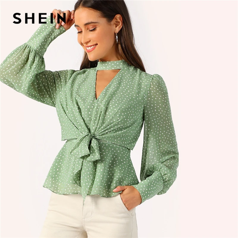 SHEIN зеленый чокер с v-образным вырезом, с узлом спереди, с рукавом Бишоп, топ с баской, блузка женская, элегантная, весенняя, винтажная, для офиса, женские блузки