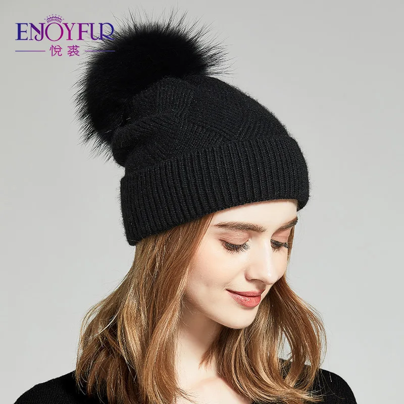 ENJOYFUR зима натуральный мех Pom Hat для Для женщин толстый теплая шерсть шапки леди шляпу громоздкая шапочки меховая шапка женская