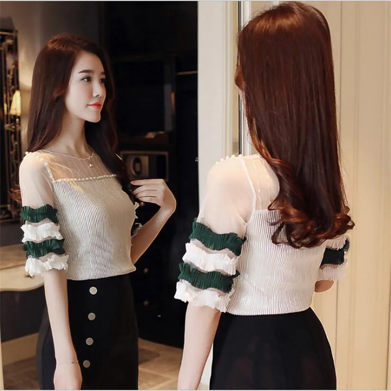 Summer Spring Women Sexy Patchwork Mesh Blouses Tops 2018Female O-Neck With Pearls Chiffon Petal Sleeve Fashion Mujer BlouseQ317 | Женская