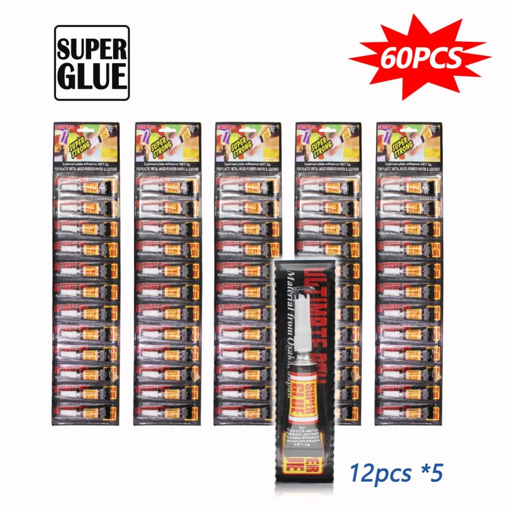 

60Pcs Cyanoacrylate Super Glue 502 Strong Liquid Adhesive Metal Leather Rubber School Craft Plastic Glass Wood Instant LCD Bond
