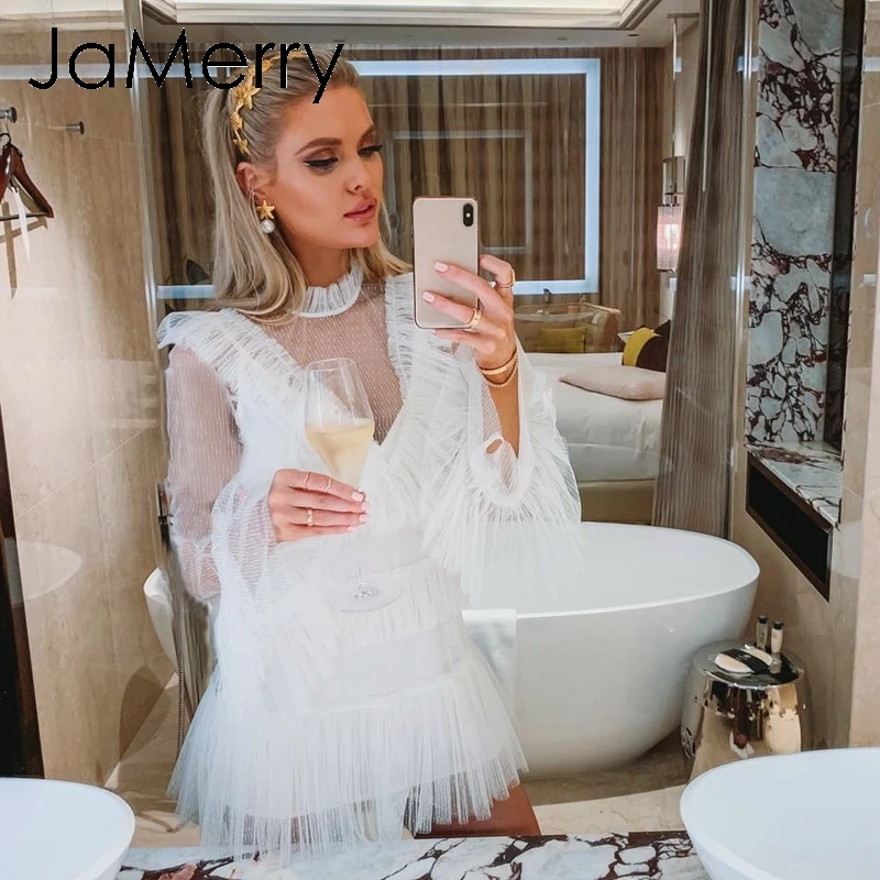JaMerry, винтажное, сексуальное, Сетчатое, в горошек, женское, белое платье, летнее, с длинным рукавом, облегающее, короткое, мини платье, элегантное, для знаменитостей, для вечеринки