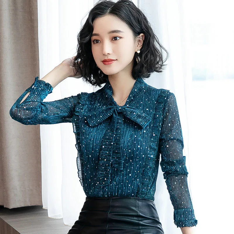 

Женские топы и блузки, весенние шифоновые Женские топы с блестками, Blusas Feminina, галстук-бабочка, рабочая одежда с длинным рукавом, рубашка зеле...