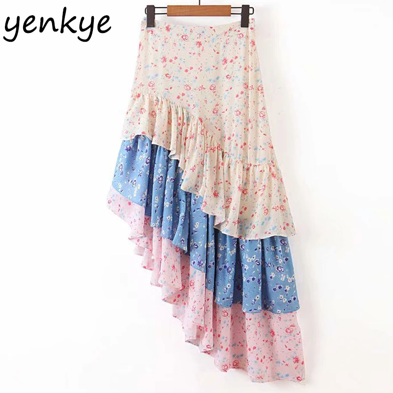 Patchwork Floral Print Holiday Boho Skirt Women Layered Ruffle Asymmetric Cake Skirt Elegant Lady High Waist Summer Skirt