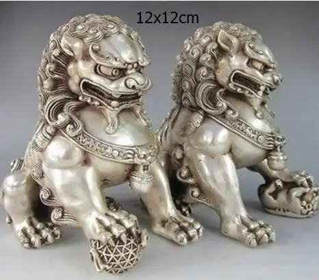 12*12 см китайский Серебряный охранник лев собака Фу Собака Статуя|Статуи и