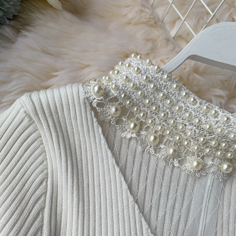 ALPHALMODA осеннее Новое Женское винтажное трикотажное платье с жемчужным воротником и длинным рукавом в стиле пэчворк с воротником, изящное нижнее платье для девушек