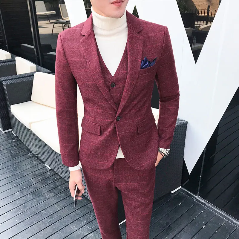 

Four seasons spring 2020 large size suits men checked suit wedding dress suit three-piece cultivate one's morality