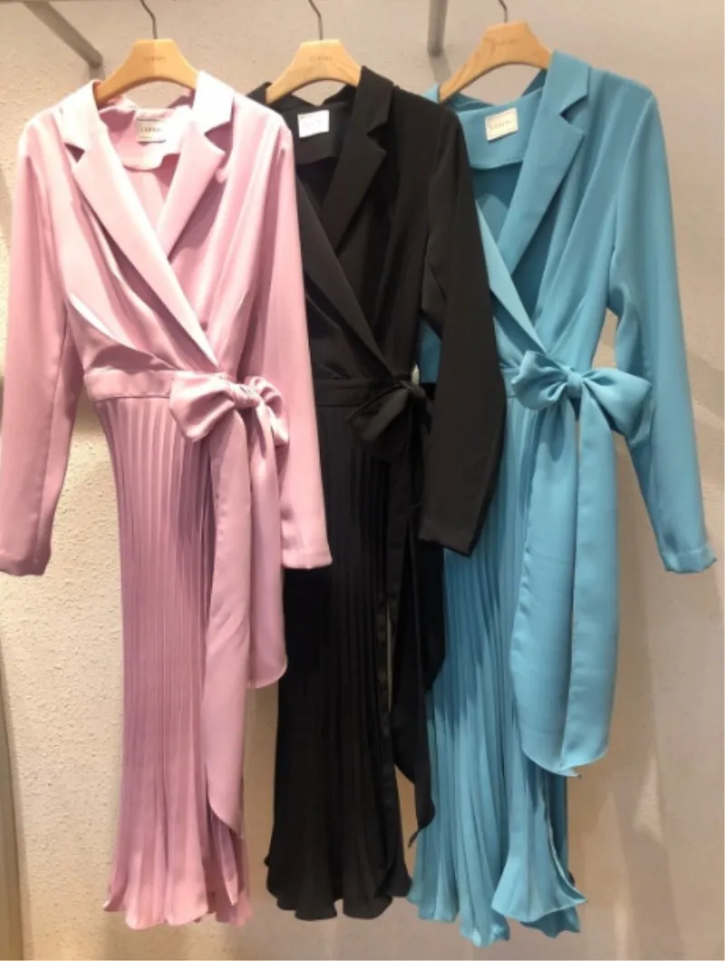 pink dress Neploe, весеннее элегантное женское платье, офисное, для девушек, шифоновое, для улицы, плиссированное, одноцветное, с поясом, халат, корейский стиль, Vestidos - Цвет: pink dress