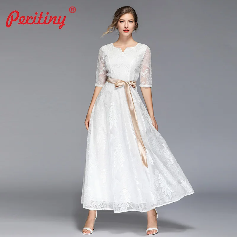 Peritiny 2019 Летнее Длинное платье белое кружевное Мягкое с коротким рукавом и