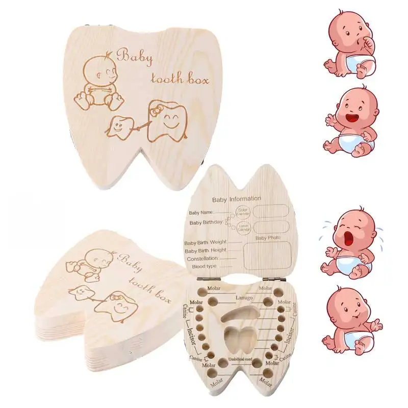 

NewTooth box Portuguese/English /Spanish/ French /Italian Baby Tooth Box Wooden Milk Teeth Organizer Storage Souvenir Case