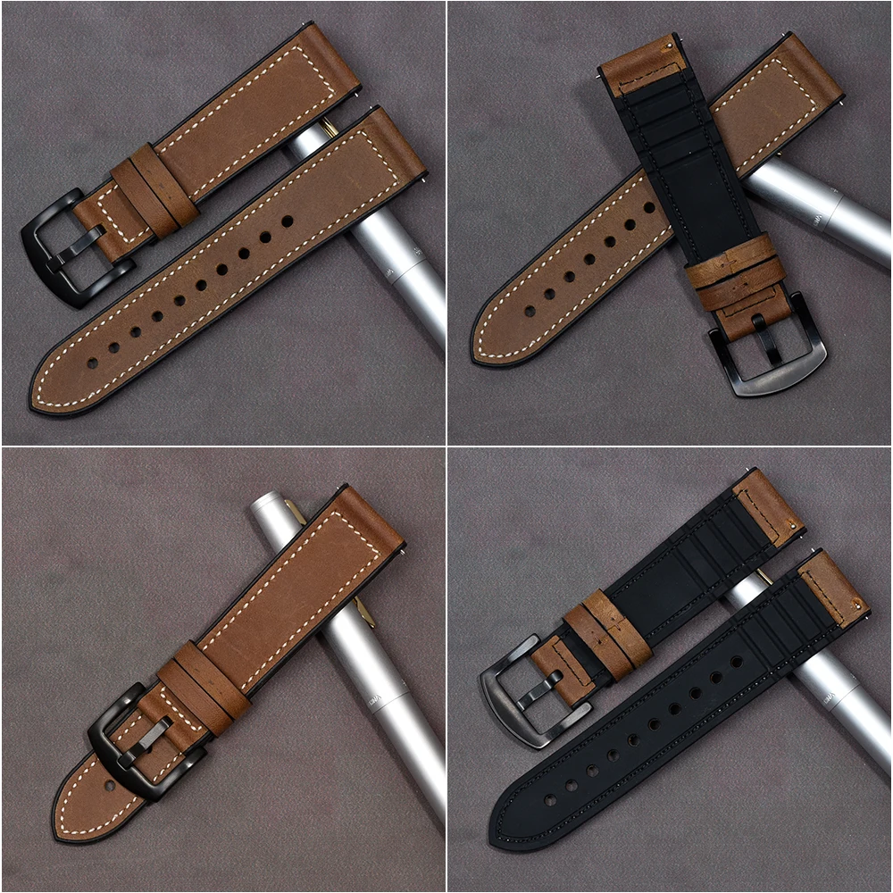 BEAFIRY 20mm 22mm Genuine Leather+Silicone Rubber Watch Band Straps For Men Women Quick Release Spring Bar Watchbands Waterproof