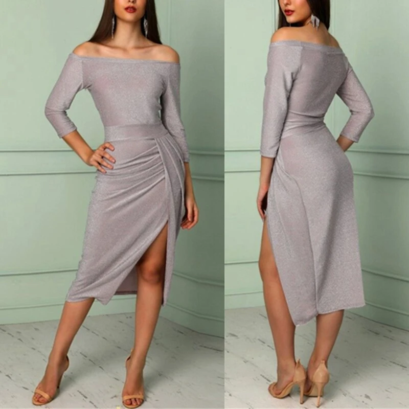 Осень знаменитости Вечеринка платье для женщин пикантные с открытыми плечами