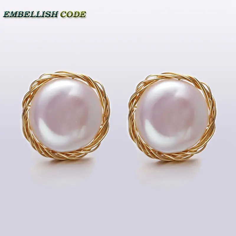

Original NEW Design Handmade elegant Baroque white golden color flat round Buttons coin natural freshwater pearls stud earrings
